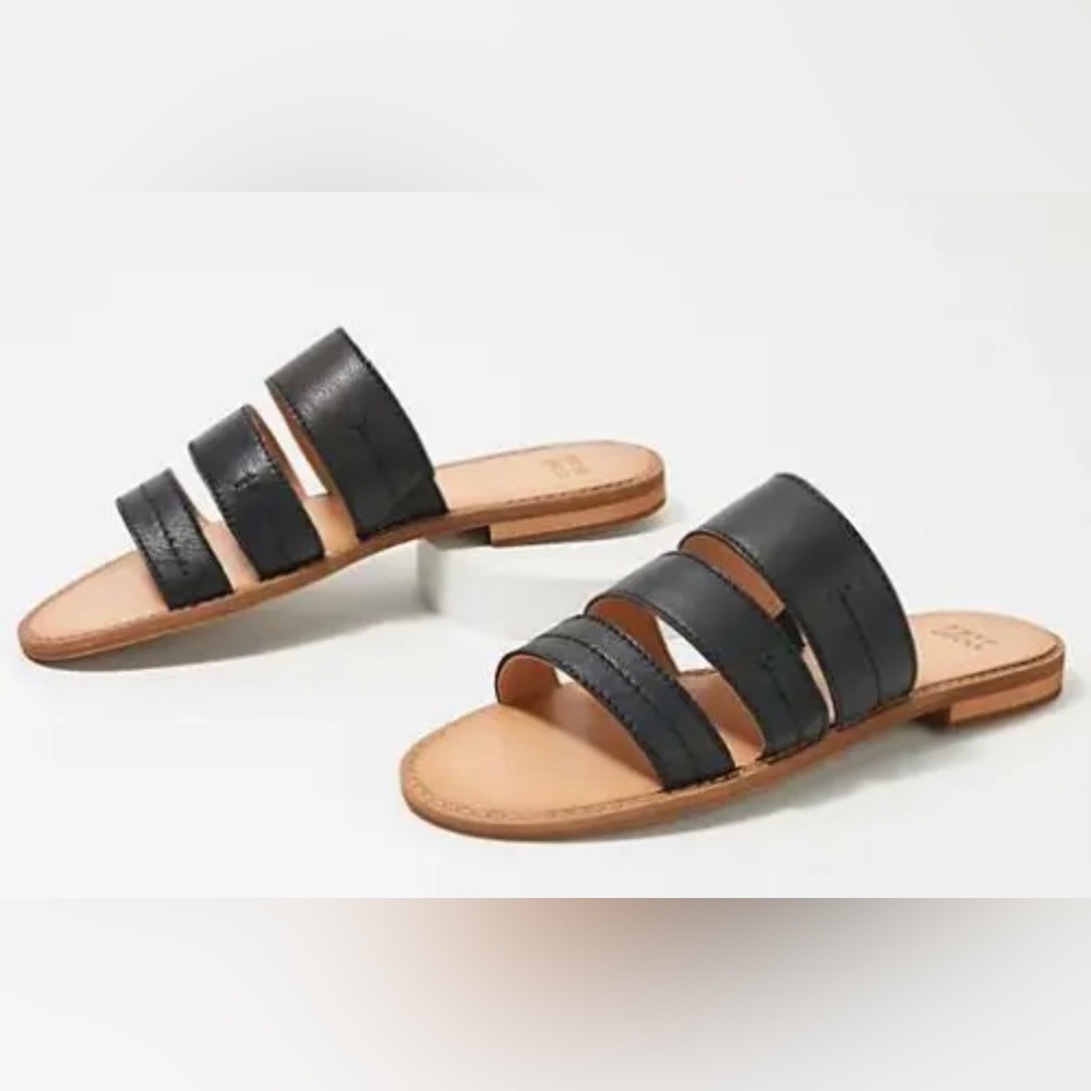 Frye Evie 3 Band Black Slide Sandals Flats Sz 9 💐🎁